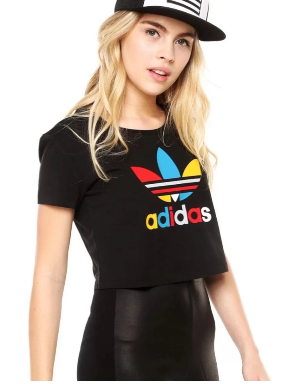 adidas Black Cropped Tee with Red Blue Yellow Trefoil Logo